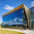 Exterior photo of building showing curtain wall facade